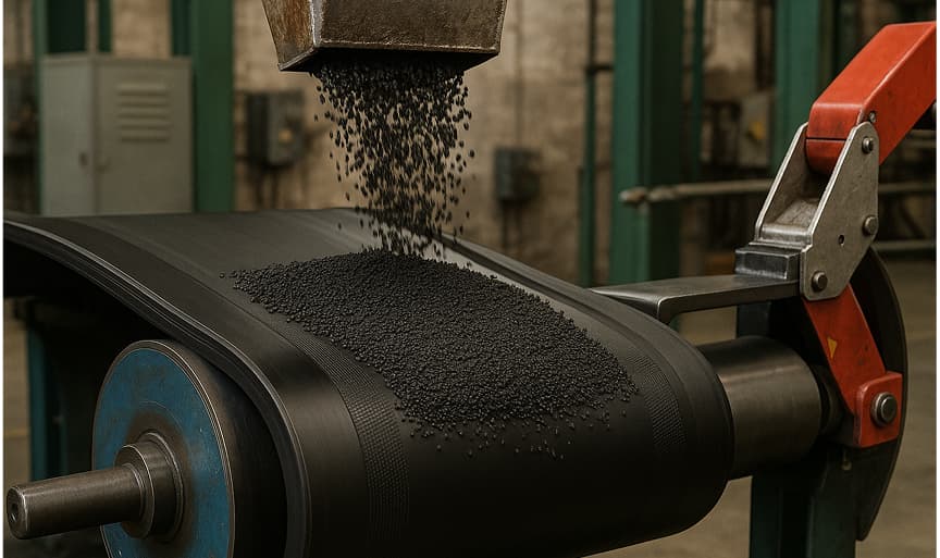 Recycled crumb rubber travelling along a rubber conveyor belt inside a processing plant