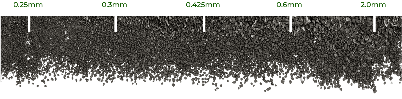 Macro photograph of crumb rubber across the particle size range, from 0.25mm to 2.0mm, with scale bars