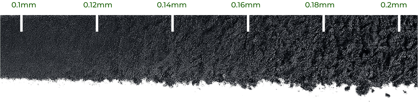 Macro photograph of micronized rubber powder across the particle size range, from 0.1mm to 0.2mm, with scale bars